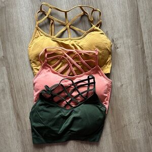 Zenana Outfitters Strappy Bras in Mustard, Coral, and Forest Green